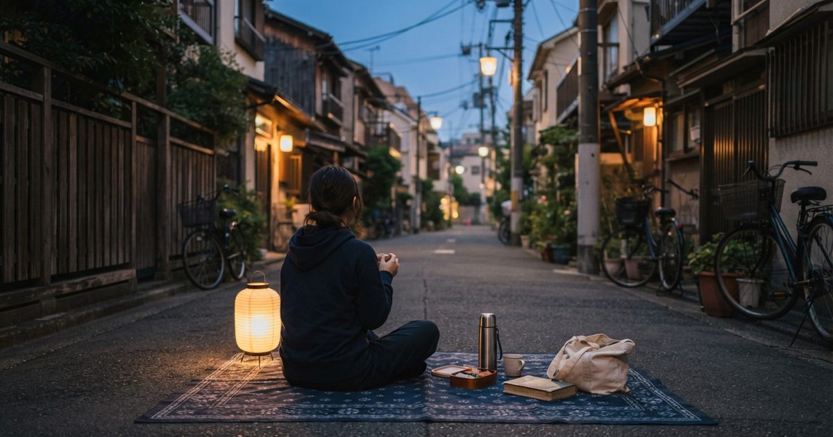 夕暮れの道路空間に広がるピクニックの様子