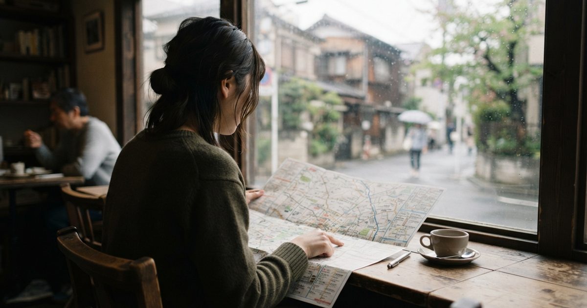 地図を広げて街の環境を確認する様子