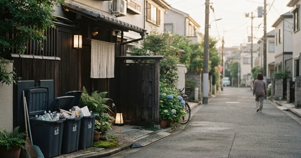 朝の住宅街と整頓されたごみ集積所の風景
