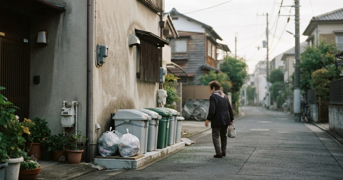朝の静かな住宅街のごみ出し場所