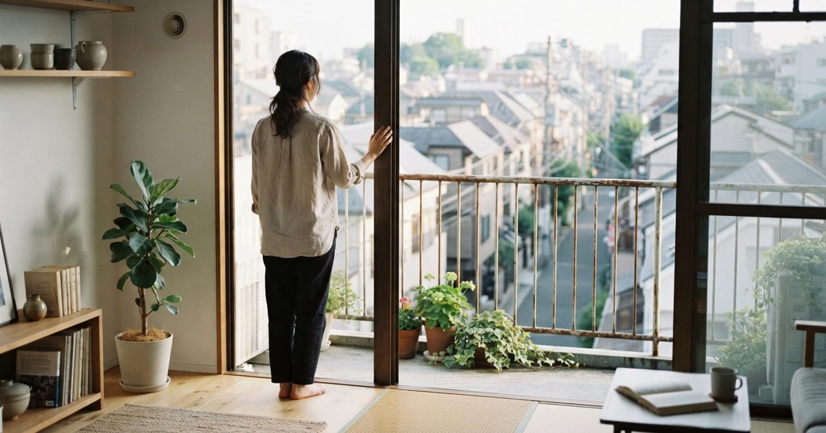 日当たりの良い窓辺から眺める住宅街の様子