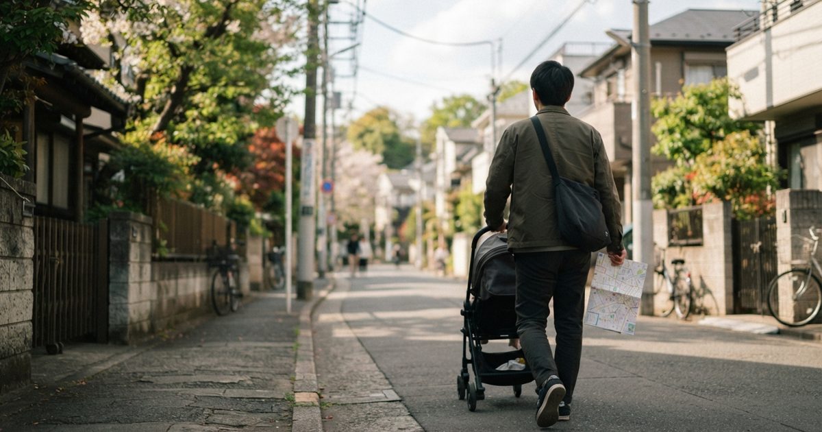 都内の住宅街をベビーカーを押して歩く様子