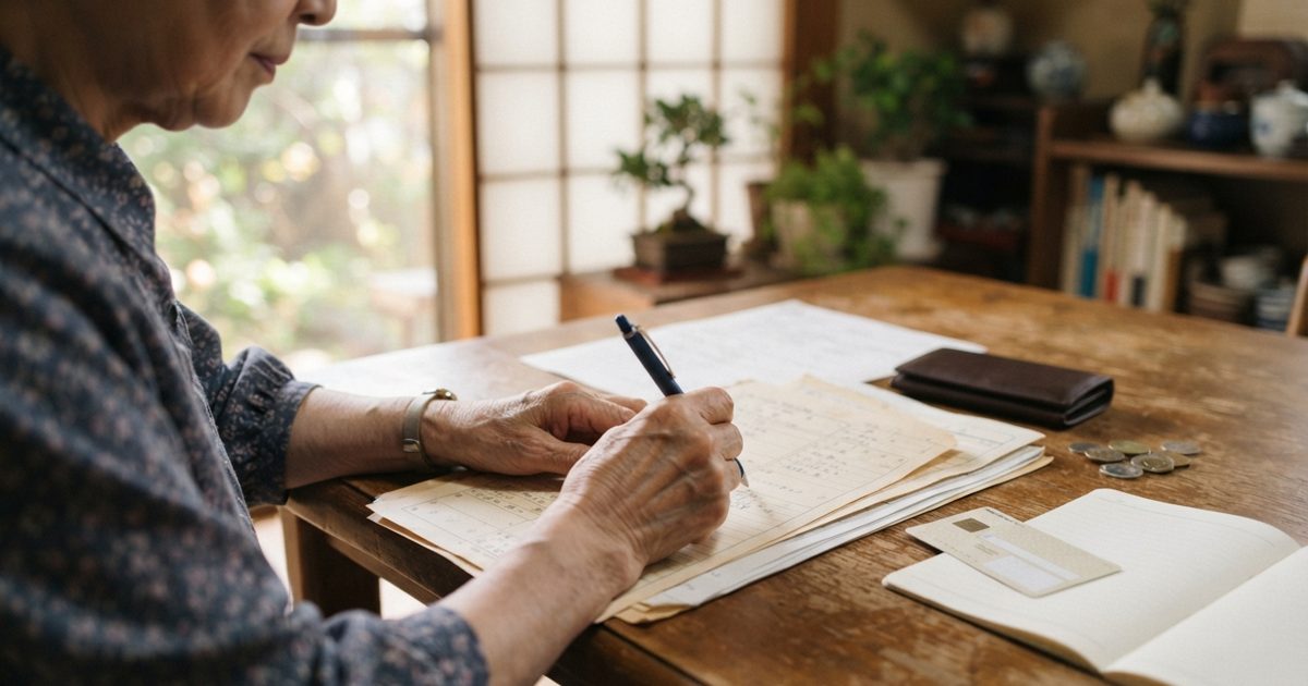 自宅の机で介護の手続き書類を確認する様子