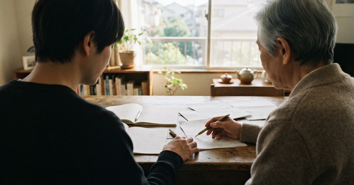 机の上で資料を確認する家族の手元