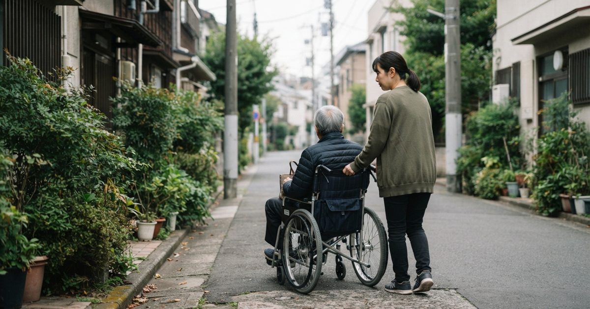 住宅街を車いすで移動する高齢者の様子