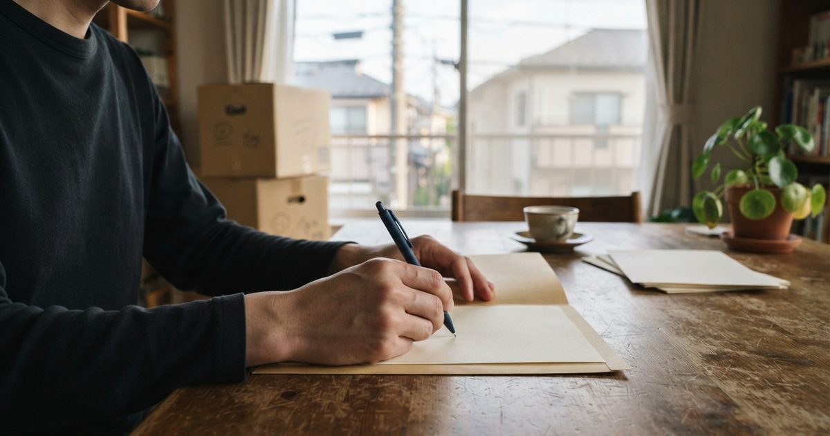 引越しの準備で書類を整理する様子