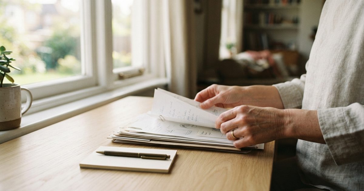窓際の机で書類や筆記用具を整理する様子