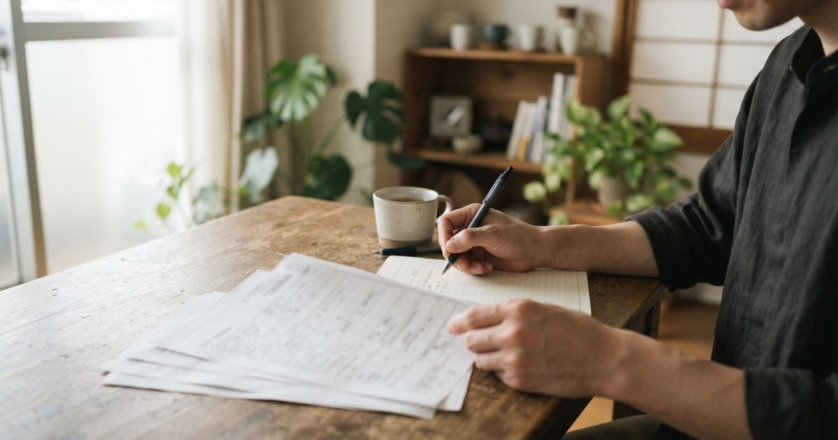 住まいの書類や手帳を机で確認する手元