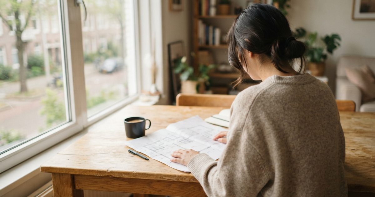 窓辺の机で間取り図を確認する手元