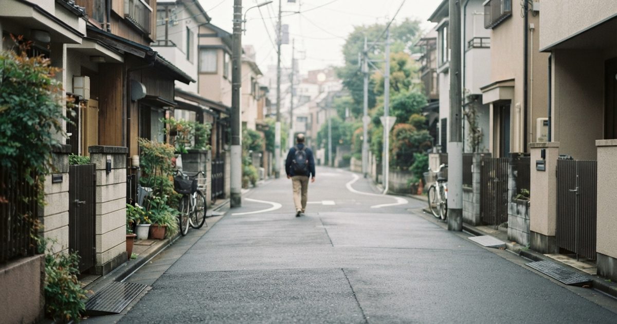 街路を歩く人の後ろ姿と落ち着いた住宅街